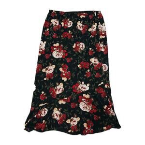 Vtg Jaclyn Smith Floral Midi Skirt Black Red Roses Stretch Large Romantic Y2K